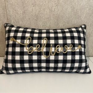 Plaid Believe Holiday Christmas Pillow - Gingham Black and White gold lettering
